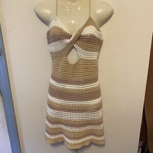 Women L Babydoll Swim Mini Dress Open Knit Crochet Unlined Sexy Beach Romantic
